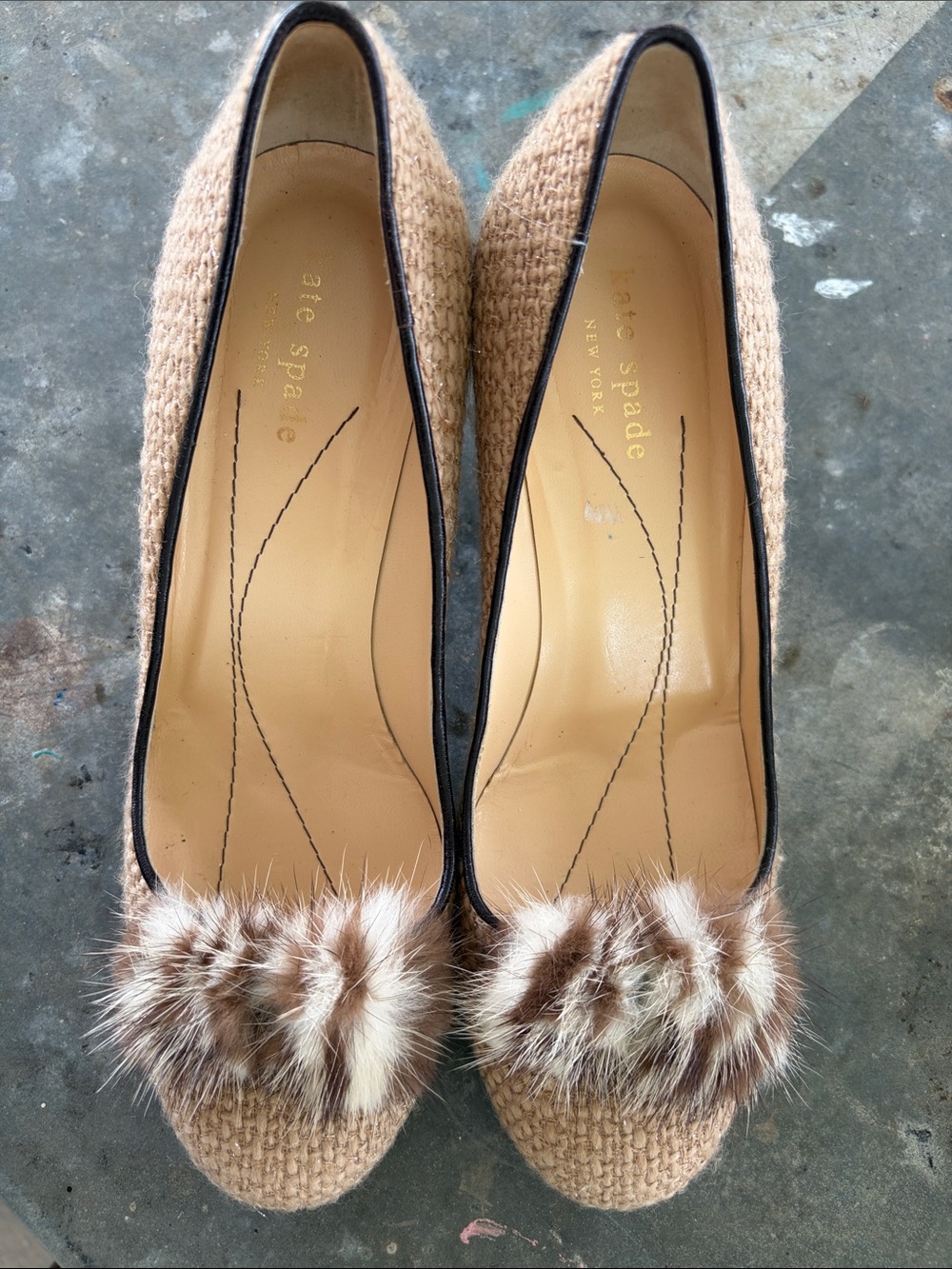 kate spade Beige Tweed Pumps with Brown & White Fur Pom